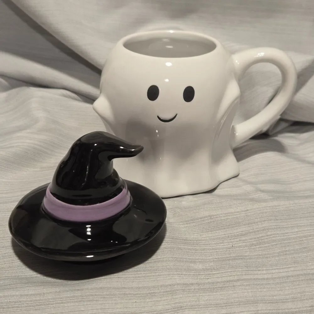 NEW Hyde and Eek Halloween White 3D Figural Ghost Mug w/Black Witch Hat Lid